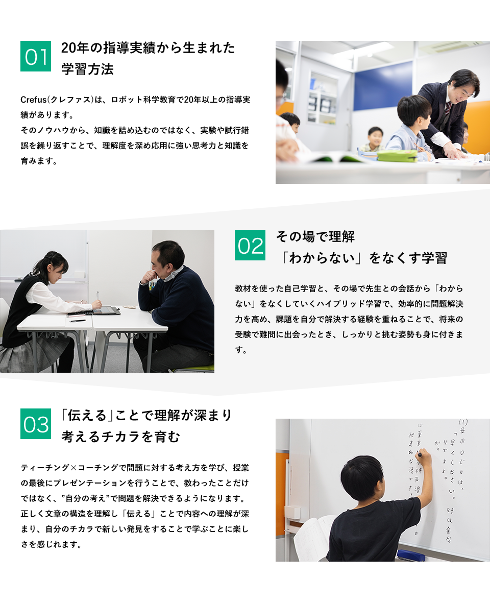 20年の指導実績から生まれた学習方法、その場で理解「わからない」をなくす学習、「伝える」ことで理解が深まり<br>考えるチカラを育む